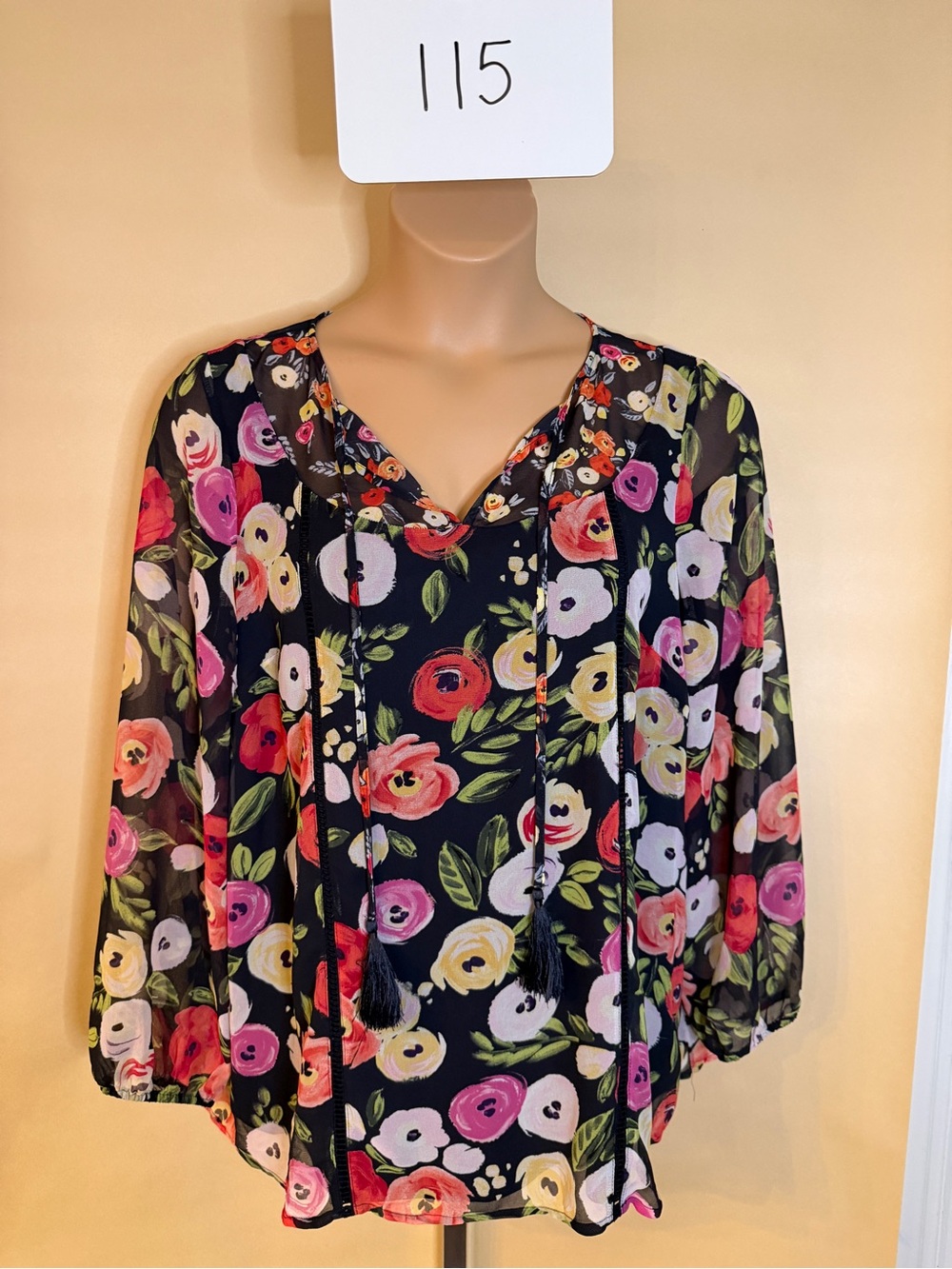Lane Bryant Floral V-Neck Peasant Blouse - Navy Blue Multi